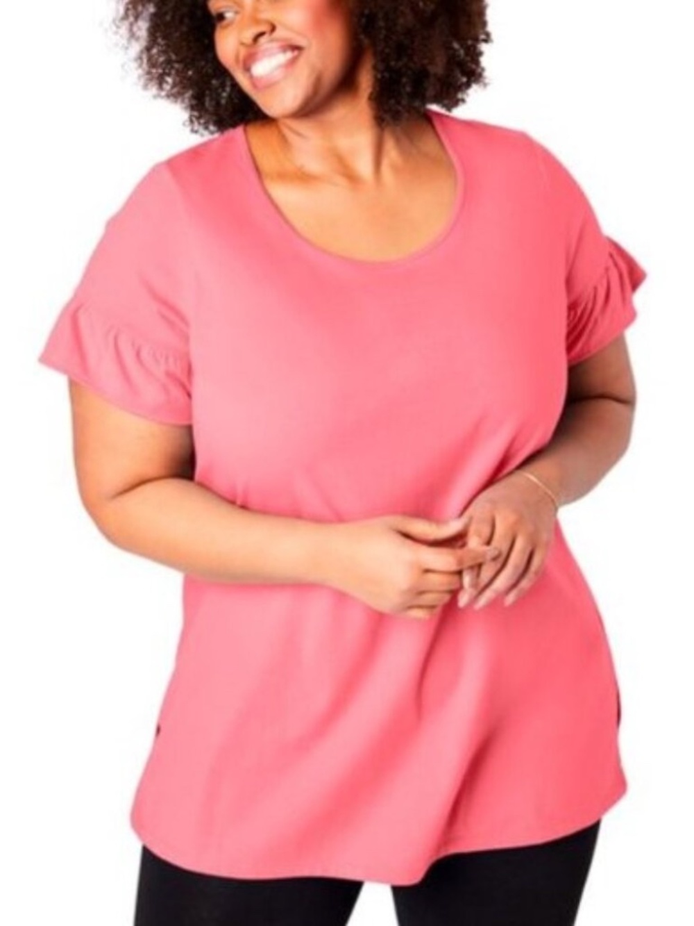 T-Shirt Top 5X (30-32) Pink Coral Ruffle Short Sleeve Tee Crew Relaxed Fit Plus